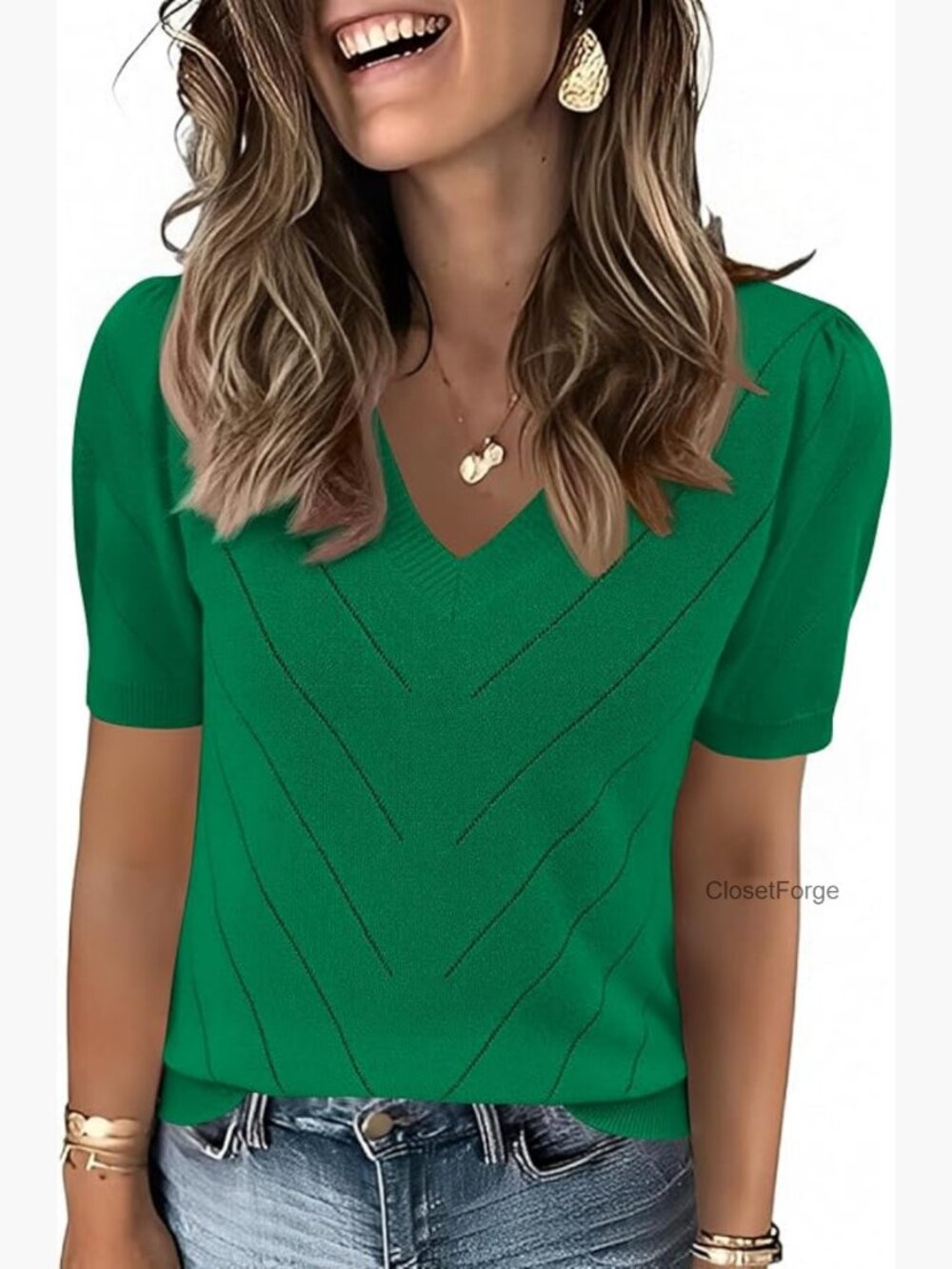 Puff Short Sleeve V-Neck Knit Sweater Lightweight Dressy Work Blouse
